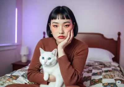 NeonTender: East-Asian Woman with Cat in Bedroom