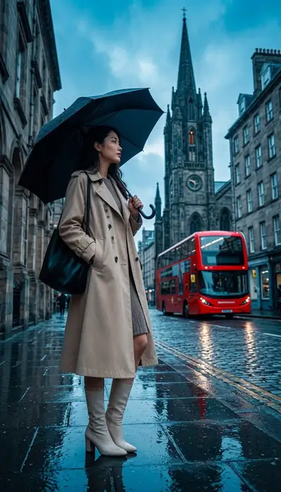 Elegantes regnerisches europäisches Straßenporträt mit Regenschirm und Trenchcoat