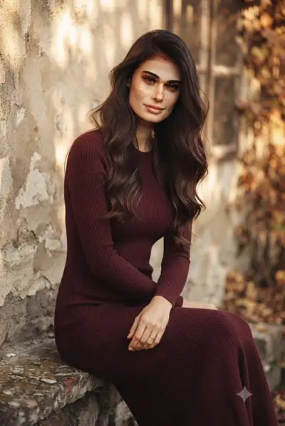 Cinematic Rustic Portrait of Woman in Burgundy Dress
