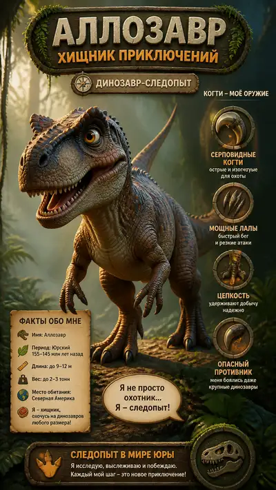 Cute Pixar style allosaurus adventure predator infographic
