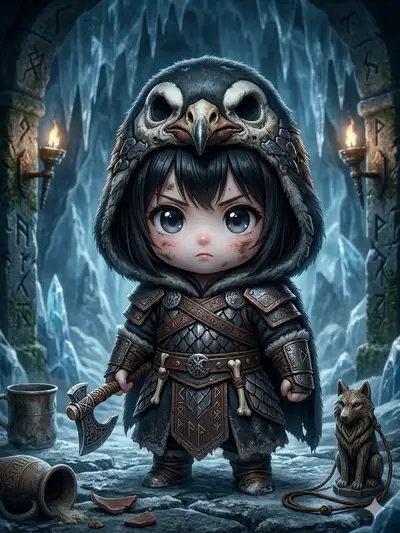 Chibi Viking Warrior in Ancient Ice Cave