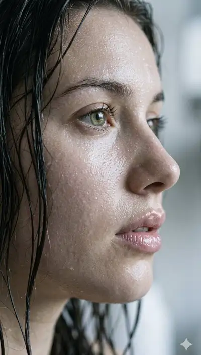 Cinematic Extreme Close-Up of Woman's Face with Water Droplets