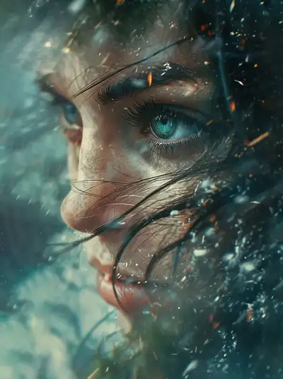 Retrato cinematográfico em close com olhos turquesa e cabelo ao vento