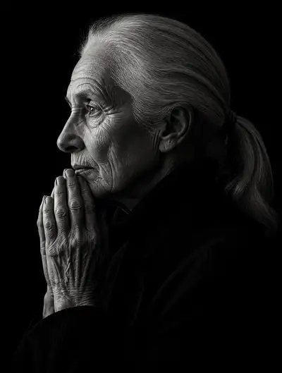 Black and white fine-art profile portrait of an elderly woman