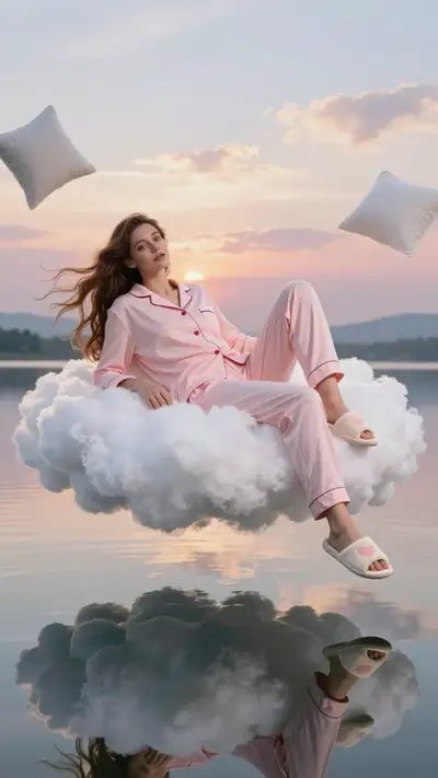 Portrait onirique d'une femme sur un nuage au-dessus d'un lac