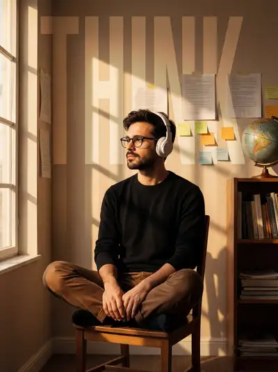 Nostalgic study-room portrait with THINK typography overlay