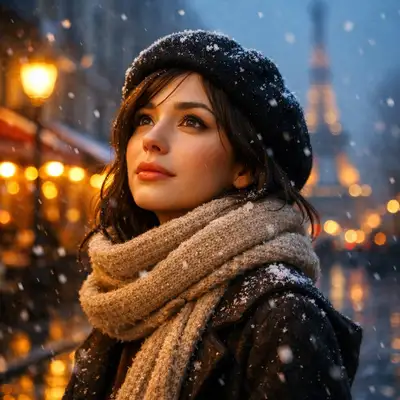 Winter Paris portrait duo with Eiffel Tower backdrop
