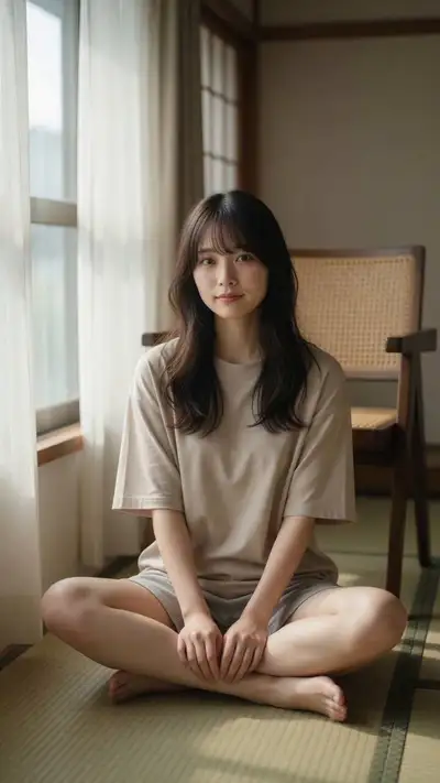 坐在榻榻米地板上的女子极简肖像