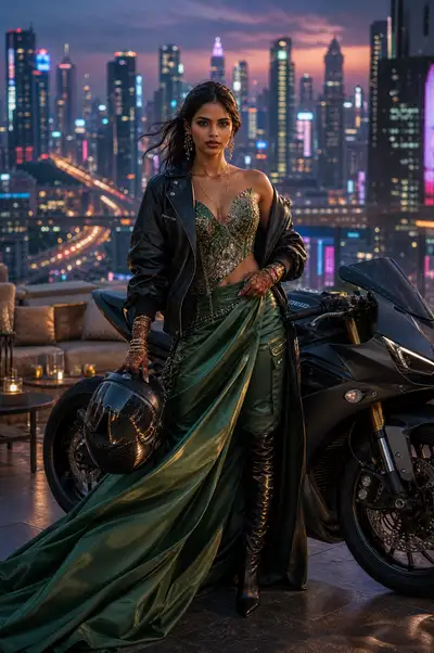 Avant-garde Indo-Western couture with superbike on rooftop helipad