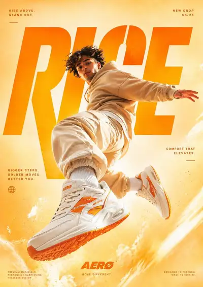 Rise sneaker mid-air jump advertisement poster