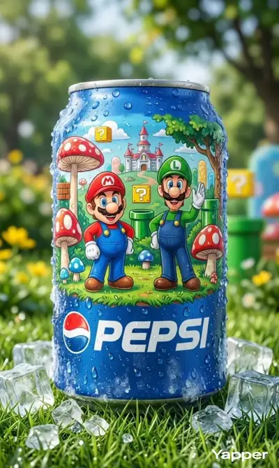 Pepsi can with Mario and Luigi artwork on grass
