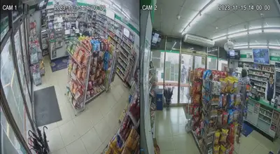 Incidente en tienda de conveniencia con CCTV de doble cámara y pantalla dividida