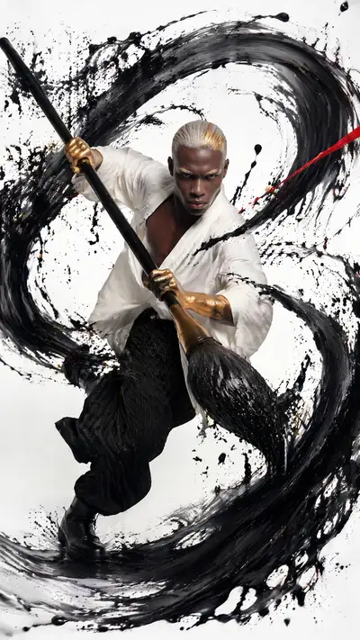 Ink-brush dancer poster with sumi-e swirls