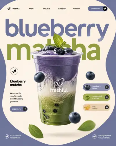 Blueberry matcha minimalist food advertising poster