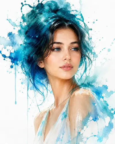 Retrato cinematográfico de respingos de aquarela com efeito de cabelo de tinta turquesa
