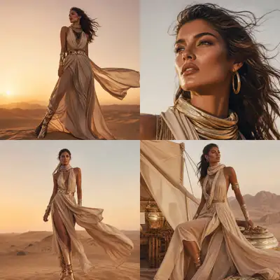 Um ensaio de alta moda cinematográfico no deserto, inspirado no estilo editorial da Vogue. O
