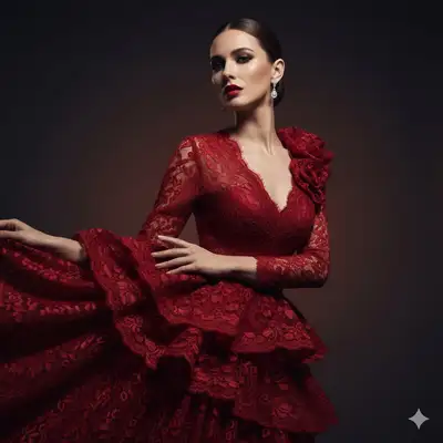 Karminrotes Haute-Couture-Editorial-Porträt, Bewegungsmoment