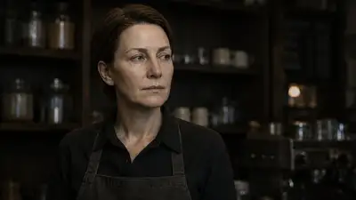 Cinematic 40s barista portrait in a rustic cafe
