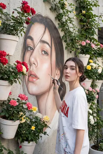 Portrait painting a mirrored self-portrait mural on a cafe wall