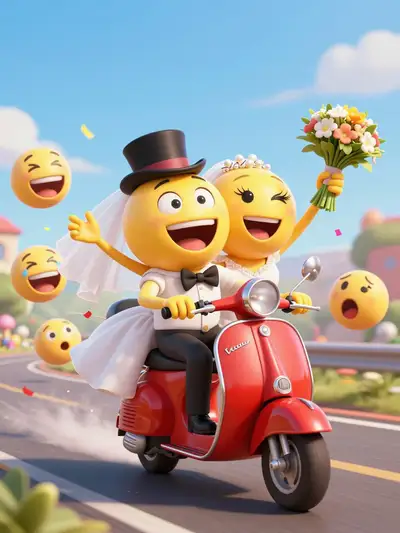 Póster de dibujos animados de boda con caritas sonrientes escapando