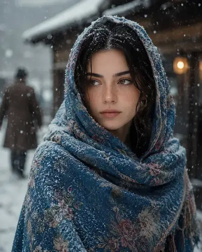 Winter portrait with floral shawl in a snowy village