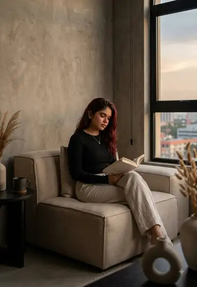 Escena de lectura en loft Wabi-Sabi