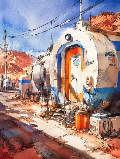Sci-fi watercolor sketch of a Mars habitat module