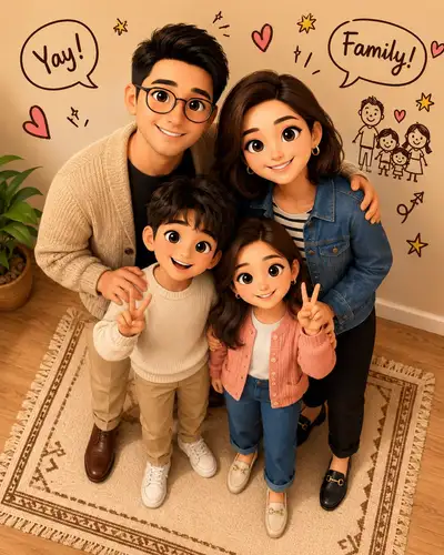 Stilisiertes 3D-animiertes Familienporträt aus einem Foto