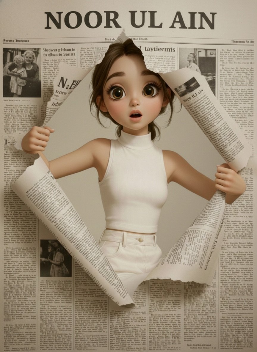 Breaking through a newspaper cover, editorial Pixar-style portrait