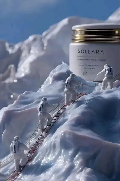 Skincare bottle diorama with miniature construction workers