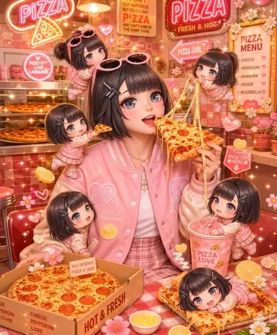 Scène de fille à la pizza dans une boutique néon avec figurines chibi