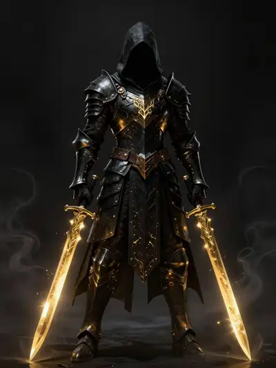 Dark fantasy hooded assassin with molten gold armor