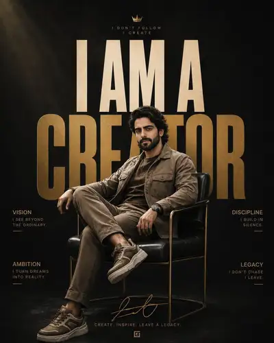 Cinematic motivational poster of a man in a leather armchair