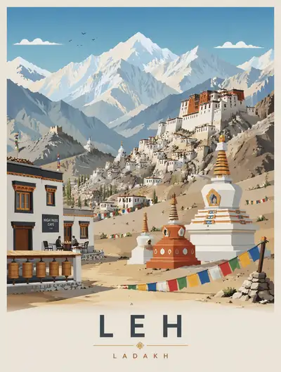 Minimalist vector travel poster of Leh, Ladakh