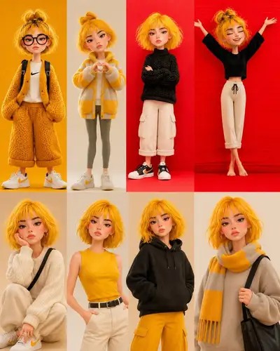 3D Pixar-style character collage in eight outfits