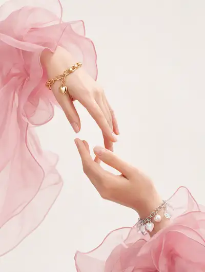 Hände, die sich mit Gold- und Silberarmbändern mit Anhängern nähern