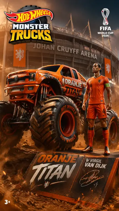 Hot Wheels poster of Virgil van Dijk as Oranje Titan monster truck
