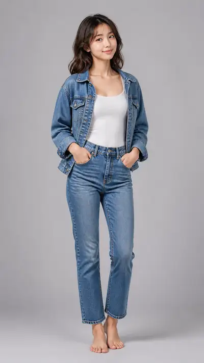 Fashion e-commerce portrait of a woman in a denim jacket and jeans