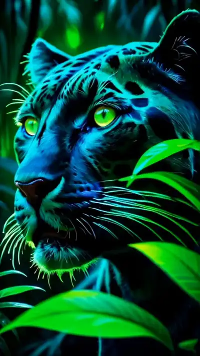 Bioluminescent Panther Eyes in Dark Jungle