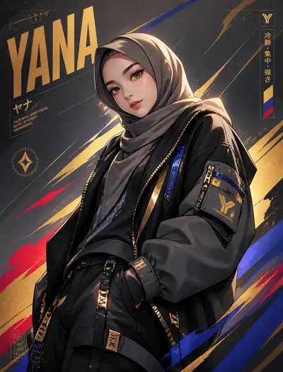 Anime streetwear poster with hijab fashion prompt