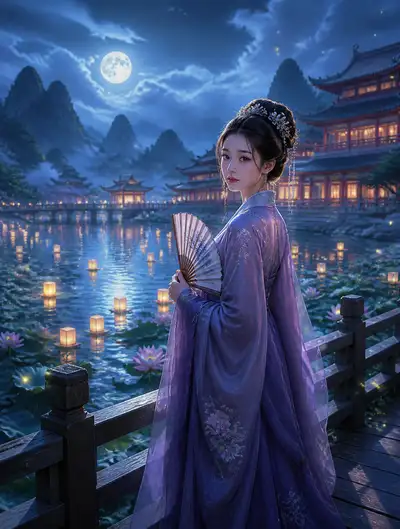 Fantasy portrait of woman in lavender hanfu on lantern lit bridge