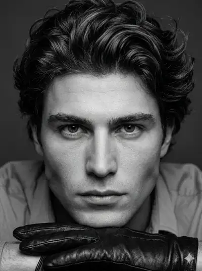 Prompt de portrait dramatique en noir et blanc avec gants de cuir