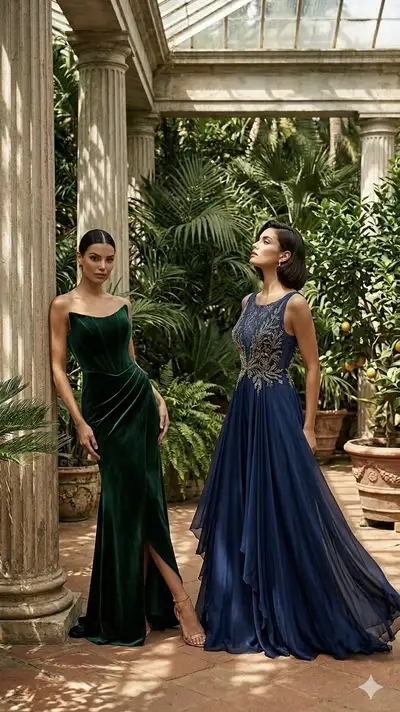 Elegant Evening Gowns in a Sunlit Greenhouse