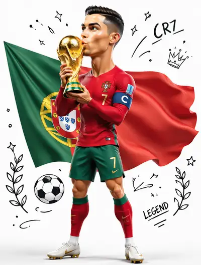 3D caricature of Cristiano Ronaldo holding the World Cup trophy