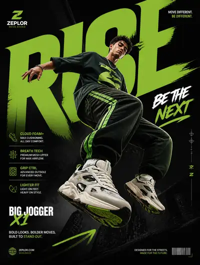 Sneaker jump action advertisement poster prompt