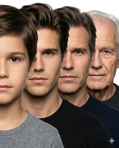 Secuencia de retratos de progresión de edad, de niño a anciano