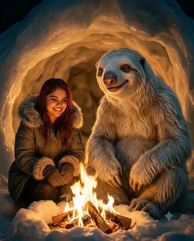 Retrato acogedor en una cueva de hielo junto a un perezoso prehistórico animado