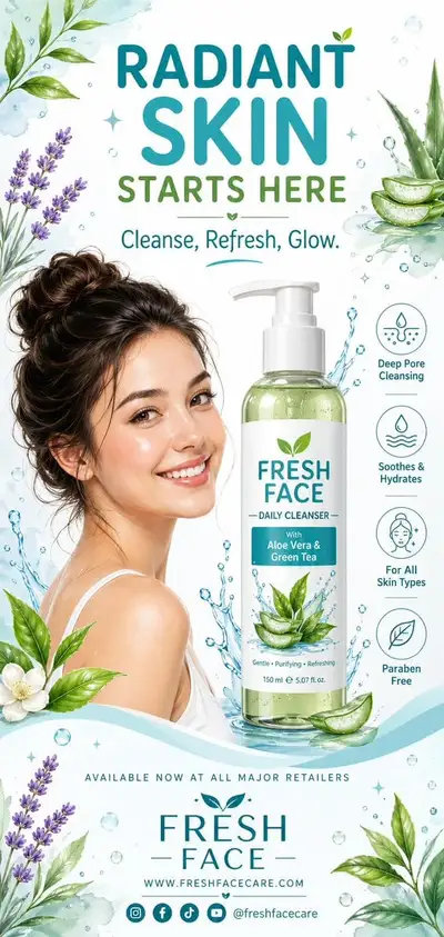 Clean botanical face wash advertising poster