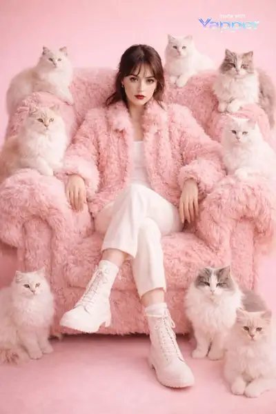 Pink Fashion Editorial Portrait with Cats