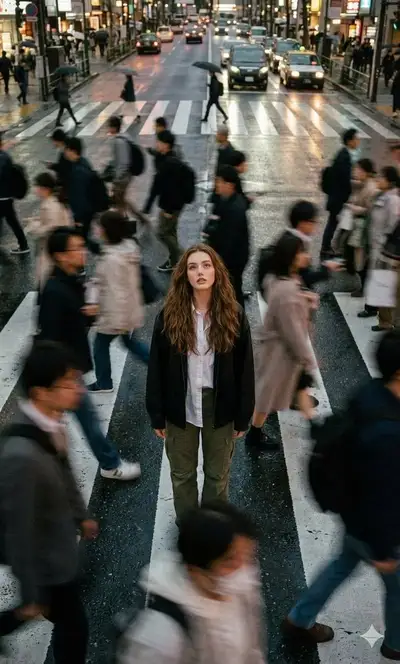 Cinematic street portrait with motion-blurred crowd on a crosswalk
